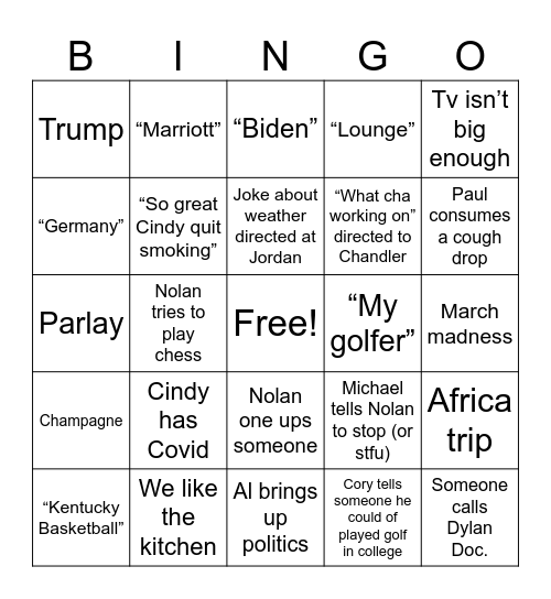 Jez Family Christmas Bingo Card