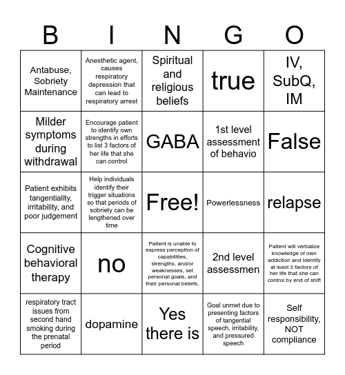 ADDICTION Bingo Card