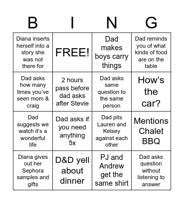 Dad Xmas Bingo Card