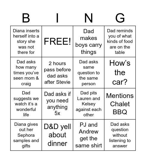 Dad Xmas Bingo Card