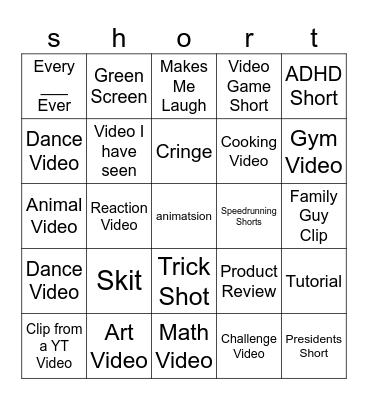 YT Shorts Bingo Card
