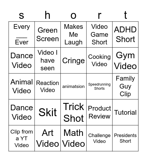 YT Shorts Bingo Card