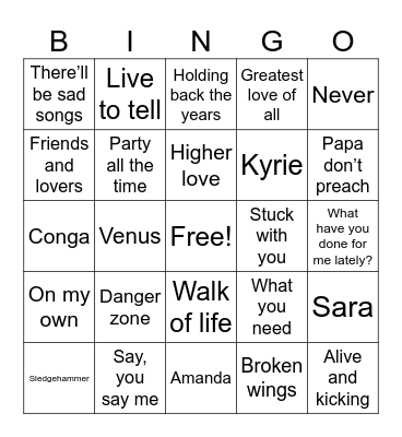 Top Songs of 1986 Bingo Card
