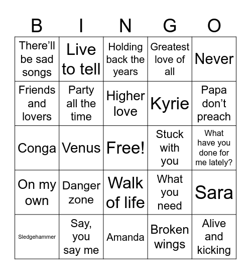 Top Songs of 1986 Bingo Card