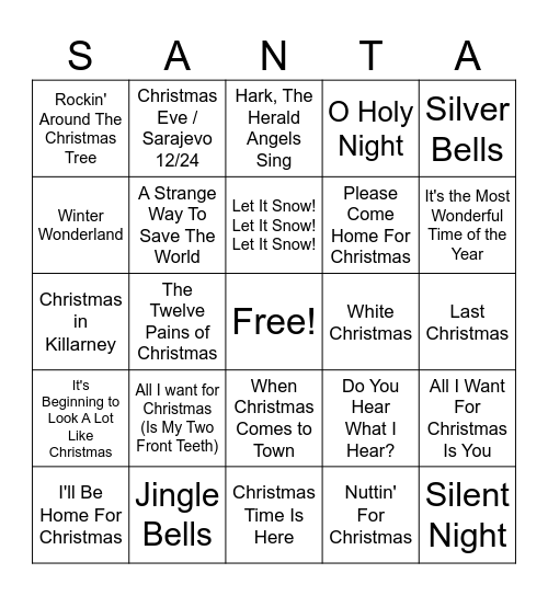 Holiday Music Bingo Card