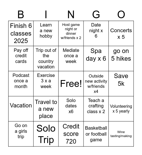 2025 Bingo Life Game Bingo Card