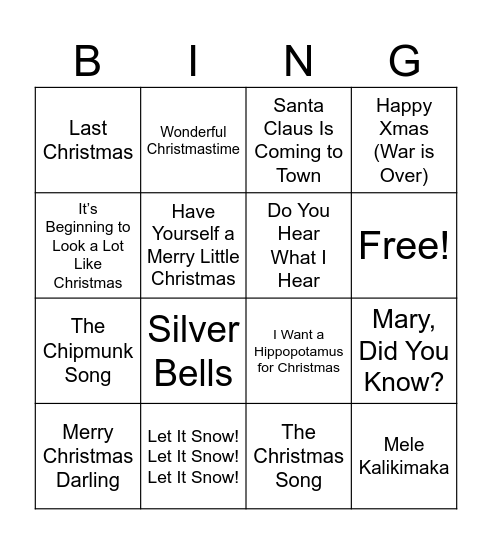 Christmas Song Bingo Card