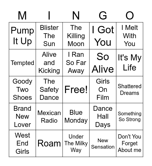 80's Alternative Bingo Card