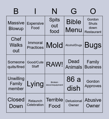 Kitchen Nightmares Bingo Card