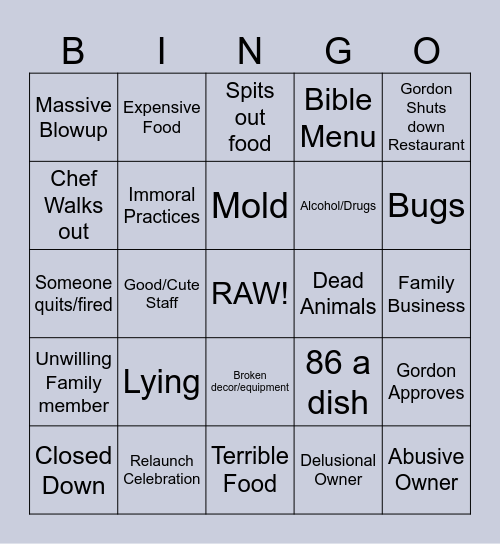 Kitchen Nightmares Bingo Card