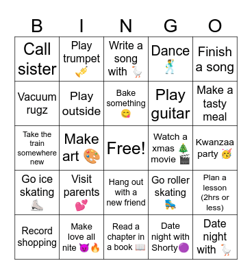 Winter break Bingo Card