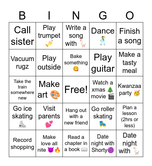 Winter break Bingo Card