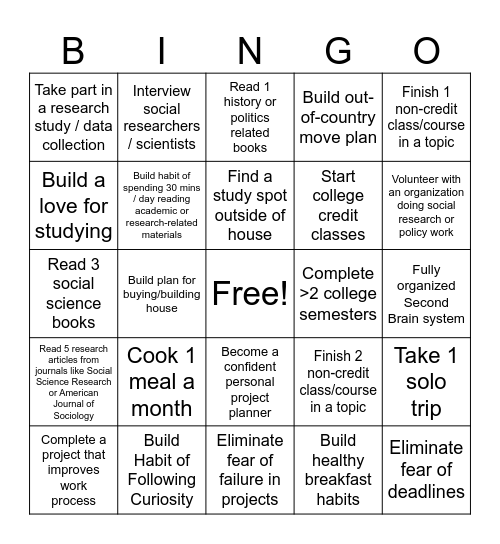 2025 Goals Bingo Card