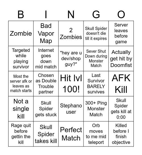 lvl 90 to 100 Vapor Bingo Card