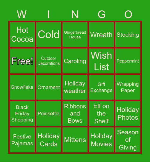 The Wing Holiday Bingo! Bingo Card