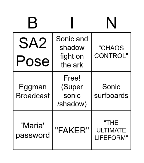 Sonic 3 Bingo Card