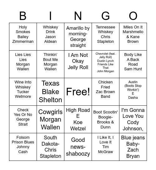 Dj Mud Top Country Hits Bingo Card