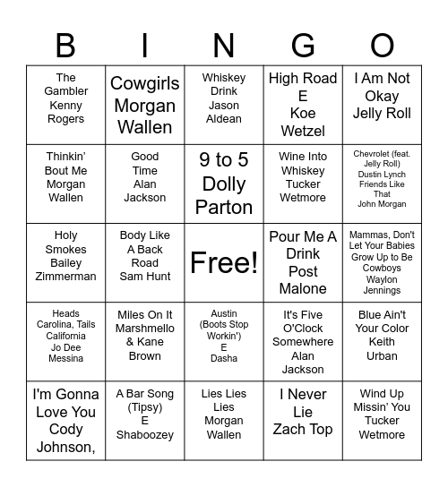 Top Country Hits Bingo Card