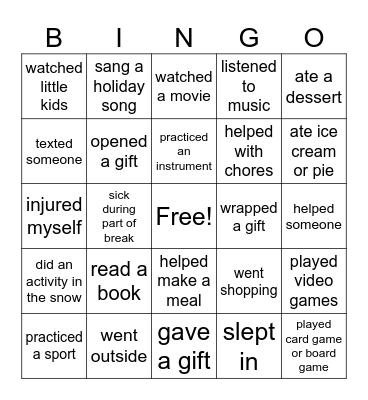 Holiday Break Bingo Card