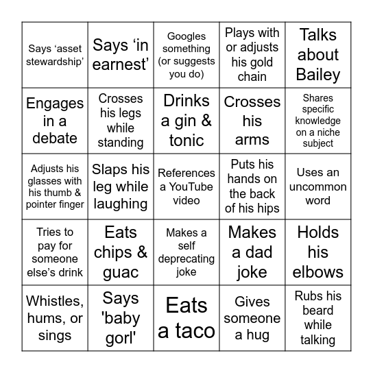 Alex's 30th Birthday Bingo! Catch him doing any of the following things throughout the night - get 5 squares in a row & win a prize! Bingo Card