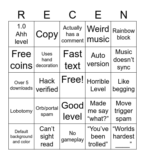 GD recent tab bingo Card