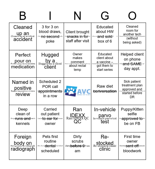 AVC Technician Bingo Card