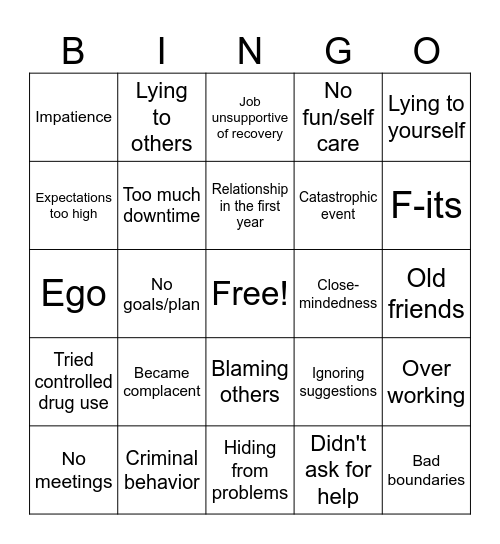 Relapse Bingo Card