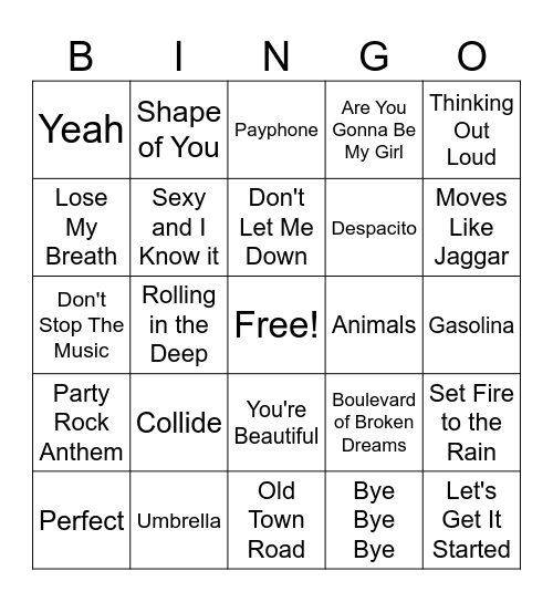 Top Songs of the Past 20 Years Bingo Card