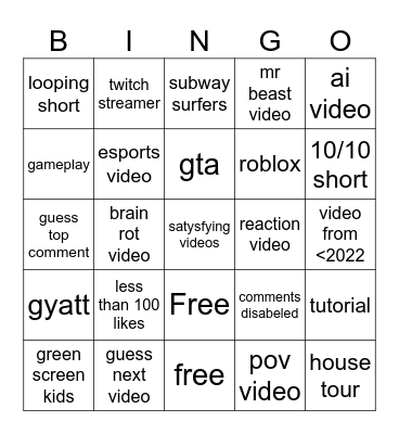 yt shorts bingo Card