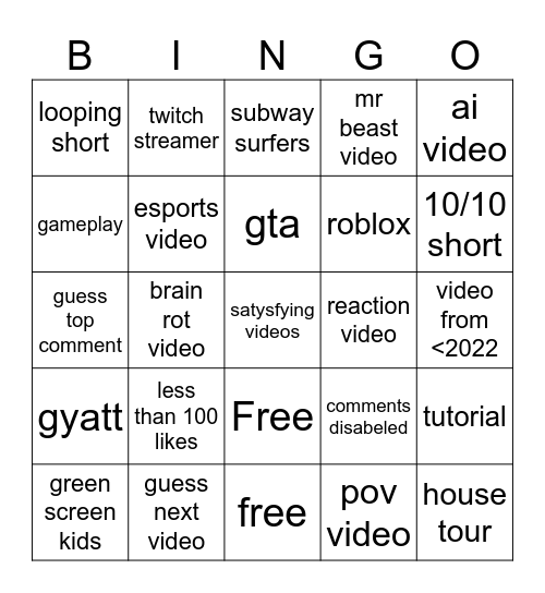 yt shorts bingo Card