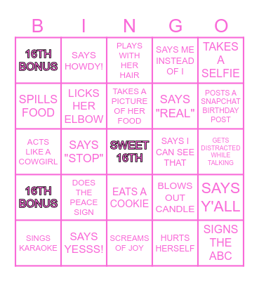 Gabriella's Sweet 16! Bingo Card