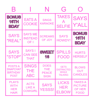 GABRIELLA'S SWEET 16!! Bingo Card