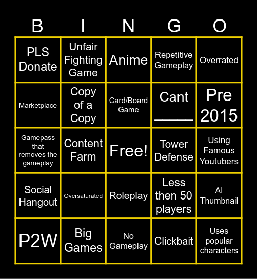 Roblox Bingo Card