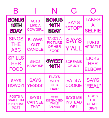 GABRIELLA'S SWEET 16!! Bingo Card