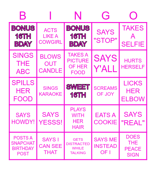 GABRIELLA'S SWEET 16!! Bingo Card