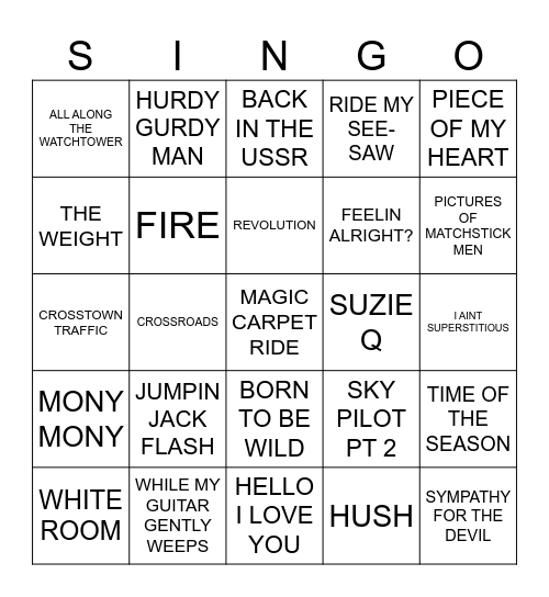 862 ERICS ROMy Customized Rock Hits Bingo CardCK HITS 1968 Bingo Card