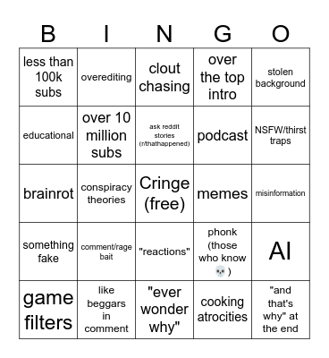 YT shorts bingo Bingo Card