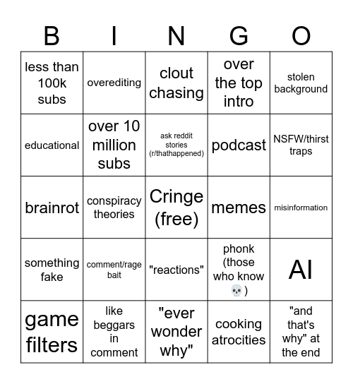 YT shorts Bingo Card