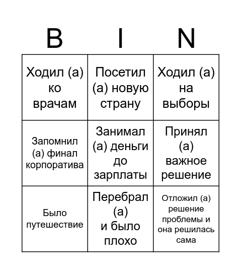 Что делали в этом году и где были? Bingo Card