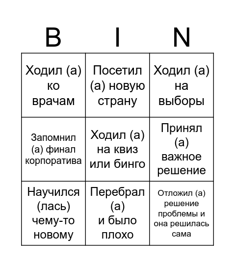 Что делали в этом году и где были? Bingo Card