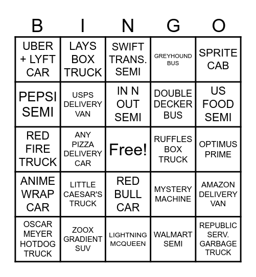 CAR BINGO VER. A Bingo Card