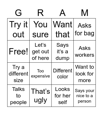 Grammy shopping Bingo Card