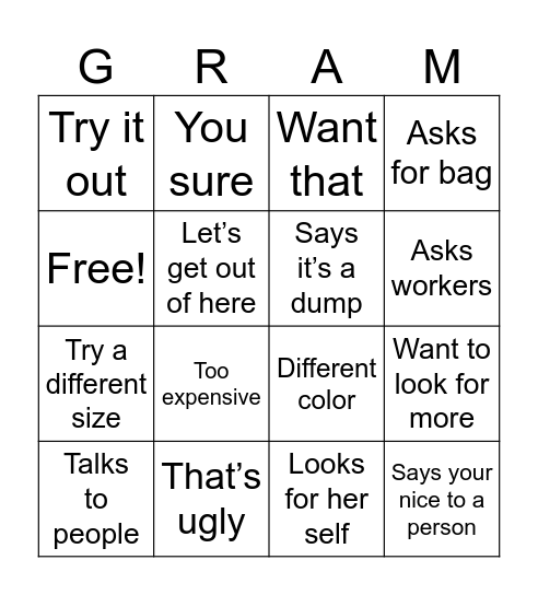 Grammy shopping Bingo Card