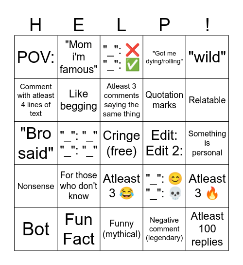 YouTube Shorts Comments Bingo Card