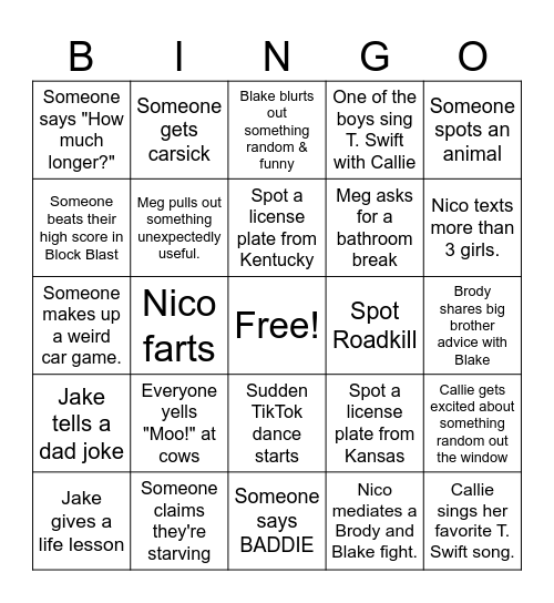 Roadtrip Bingo Card