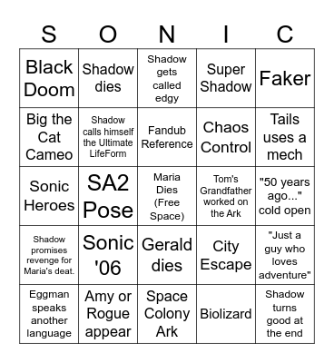 Sonic Movie 3 Bingo Card