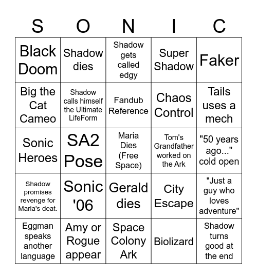 Sonic Movie 3 Bingo Card