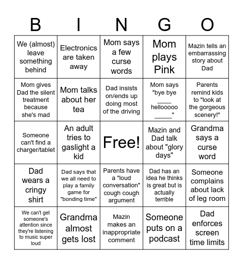 Gelman Bingo: Road Trip Edition🚗 Bingo Card