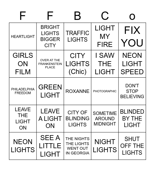 LIGHTS Bingo Card