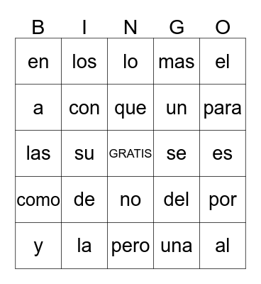 Palabras 1-25 Bingo Card